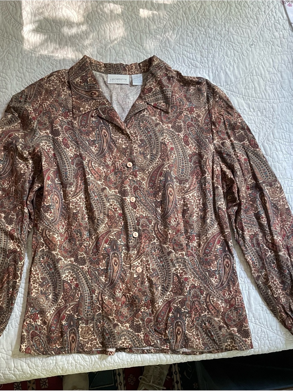 Liz Claiborne Brown Paisley Long Sleeve Shirt with Rust and Cream Accents